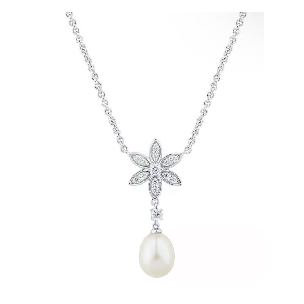 Sterling Silver Pearl (8mm)Natural Topaz Flower Pendant Necklace Luxury Chic NEW